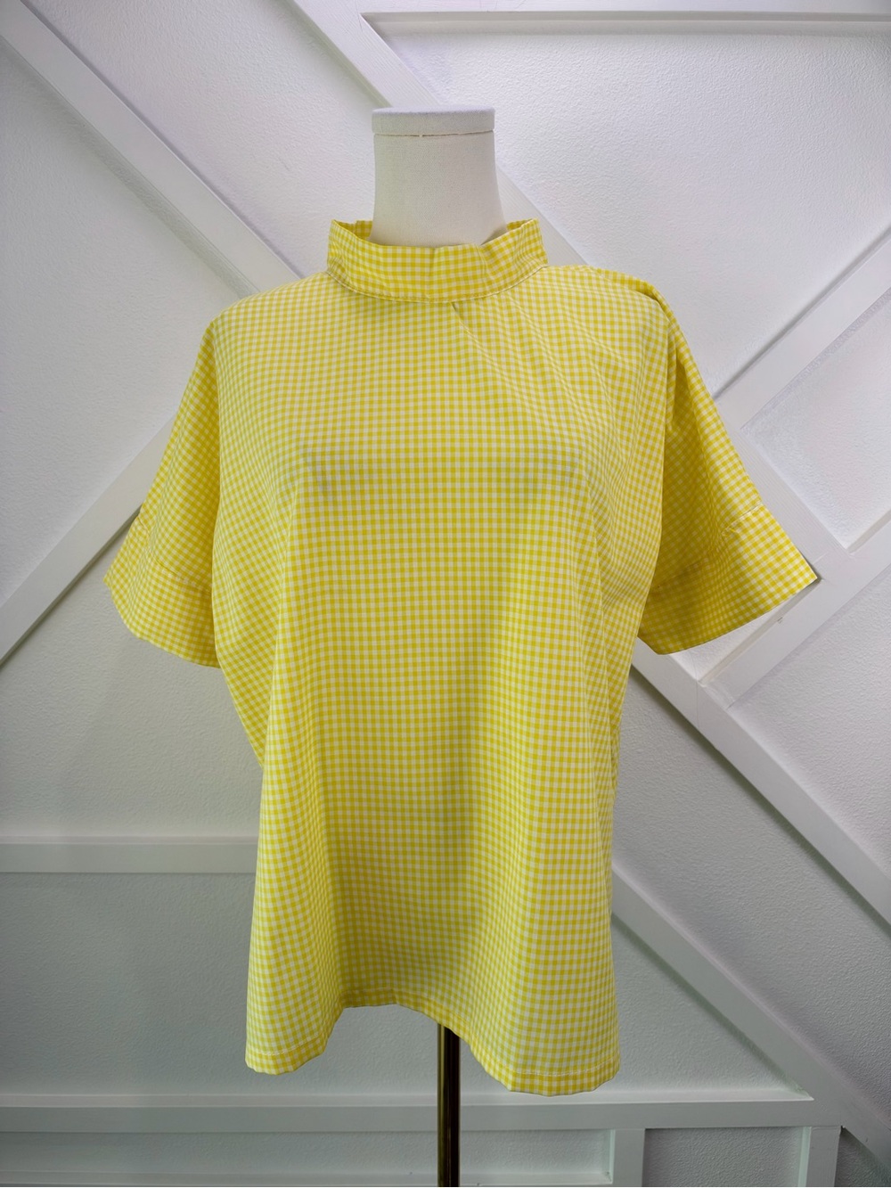 NWT BEATA Design Studio Robin Blouse Yellow Gingham Cotton Mock Neck Top S/M